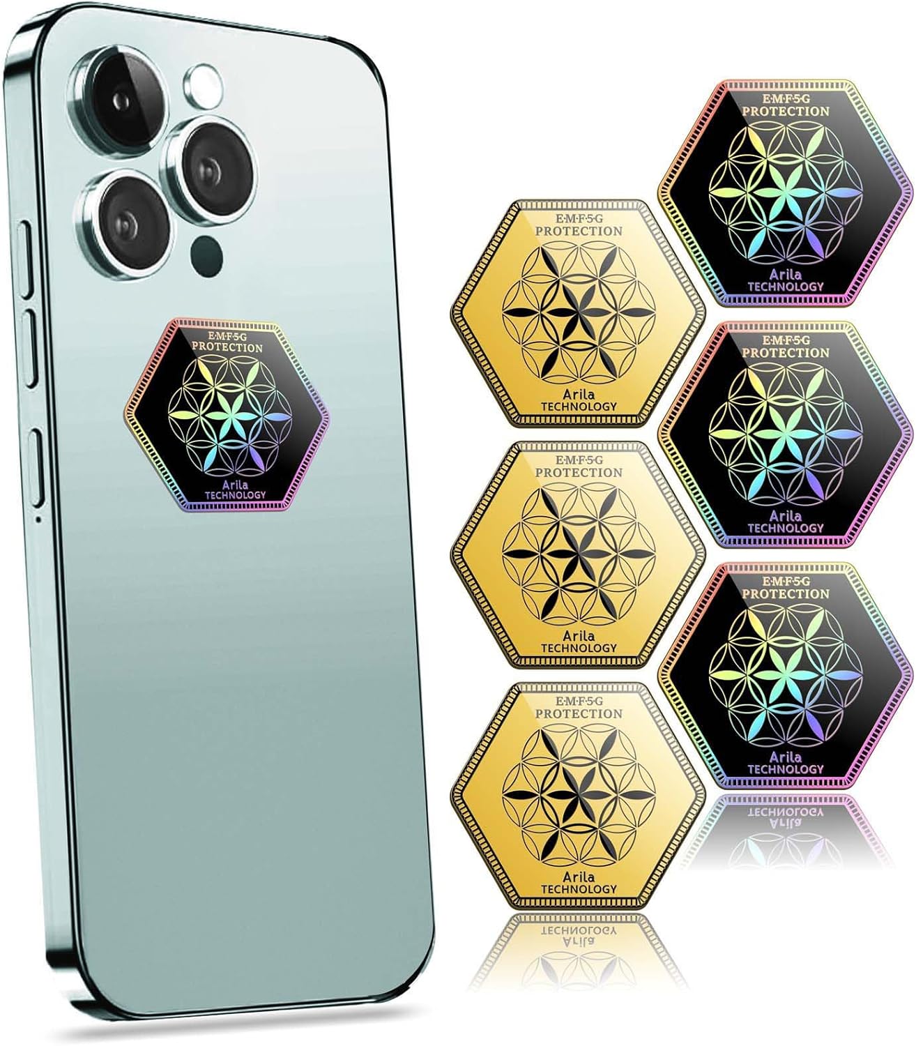 24K Gold & Silver Crystal Diamond Anti-Radiation Protection Stickers (6-Pack)