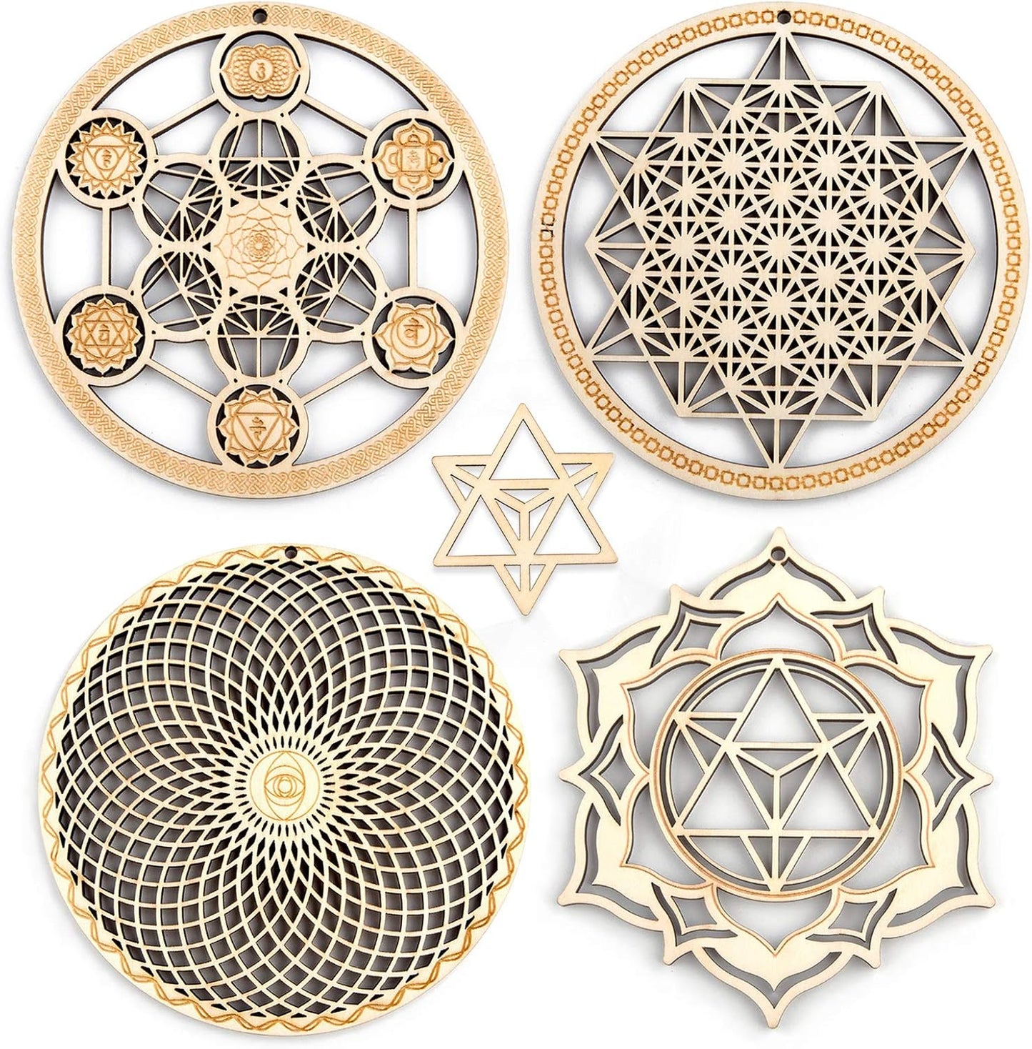 5.31" Sacred Geometry Wall Art 4 PCS Set, (The Eye of Horus, the Flower of Life, the Tree of Life, Metatron'S Cube) Crystal Grid Meditation Chakra Wooden Wall Art Yoga Decor Spiritual Gifts