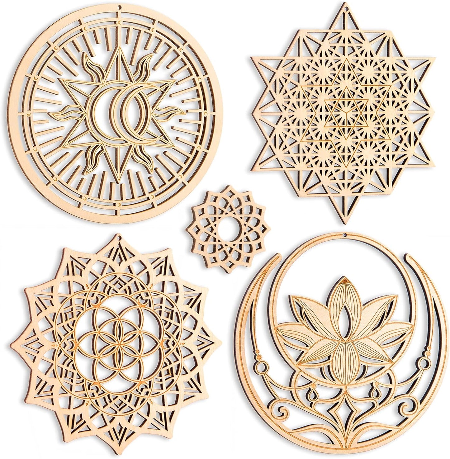 5.31" Sacred Geometry Wall Art 4 PCS Set, (The Eye of Horus, the Flower of Life, the Tree of Life, Metatron'S Cube) Crystal Grid Meditation Chakra Wooden Wall Art Yoga Decor Spiritual Gifts