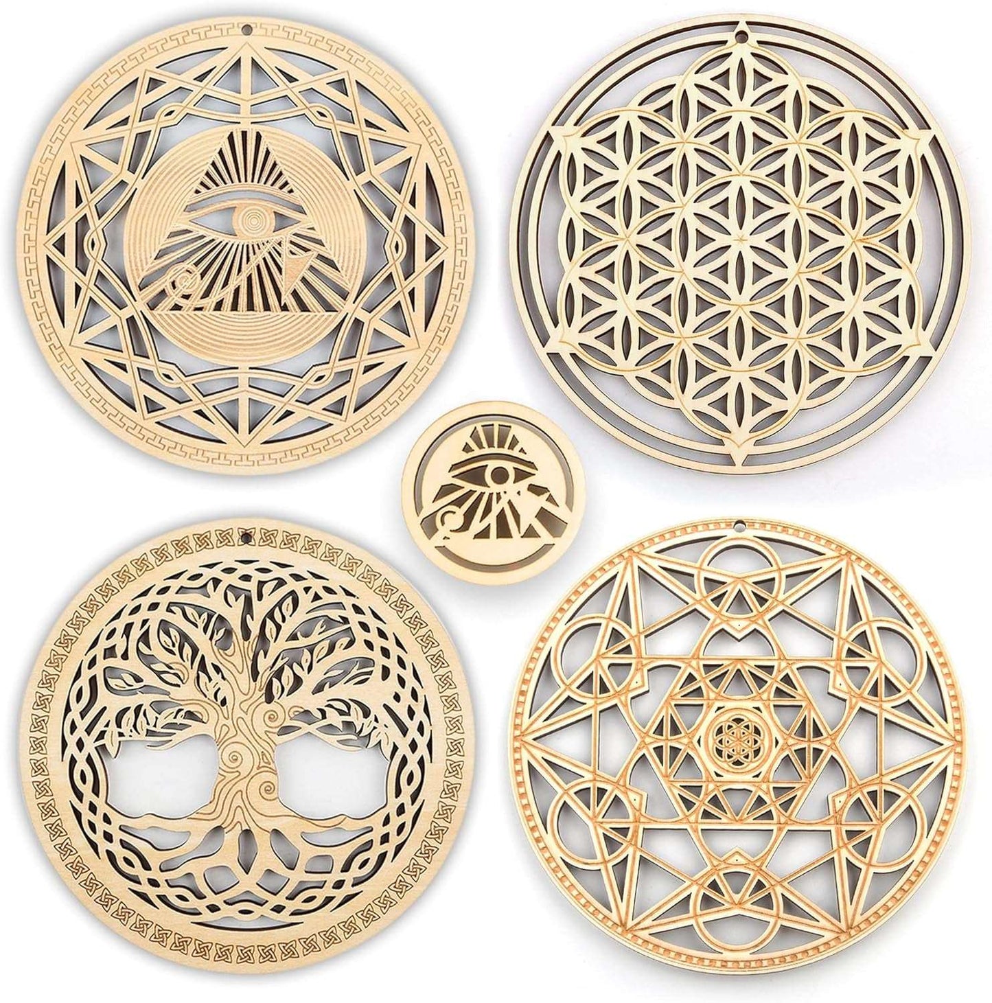 5.31" Sacred Geometry Wall Art 4 PCS Set, (The Eye of Horus, the Flower of Life, the Tree of Life, Metatron'S Cube) Crystal Grid Meditation Chakra Wooden Wall Art Yoga Decor Spiritual Gifts